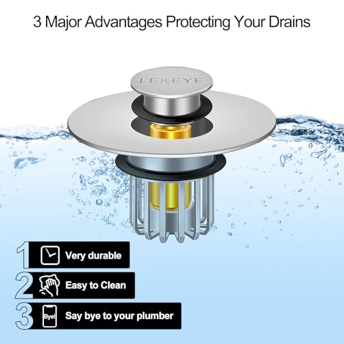 LEKEYE Bathroom Sink Stopper | Shower Drain Hair Catcher | Pop-up Sink Drain Stopper with Strainer | Bathroom Sink Plug for 1-1/8 to 1-1/2" Sink Drain Hole- Pearl Chrome