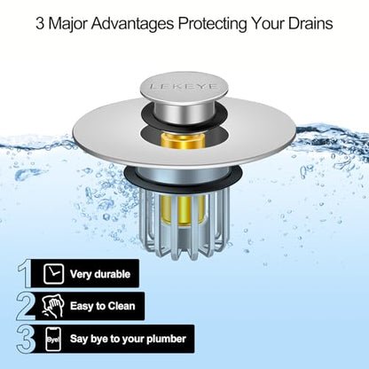 LEKEYE Bathroom Sink Stopper | Shower Drain Hair Catcher | Pop-up Sink Drain Stopper with Strainer | Bathroom Sink Plug for 1-1/8 to 1-1/2" Sink Drain Hole- Pearl Chrome