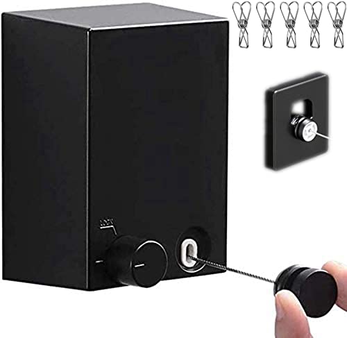 Retractable Clothesline Clothes Line Retracting Outdoor/Indoor, Heavy Duty Stainless Steel Adjustable Drying Rope Wire Dryer with ABS case+Aluminum, Self Adhesive Wall Mount 13.8 Feets Black - color: 1 Black