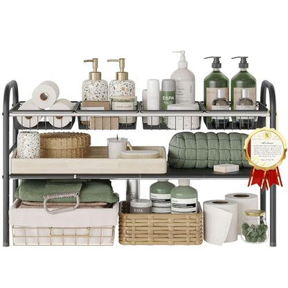 Under Sink Organizers and Storage,Expandable under cabinet organizer Shelf - size: 4 Panels and 4 Baskets