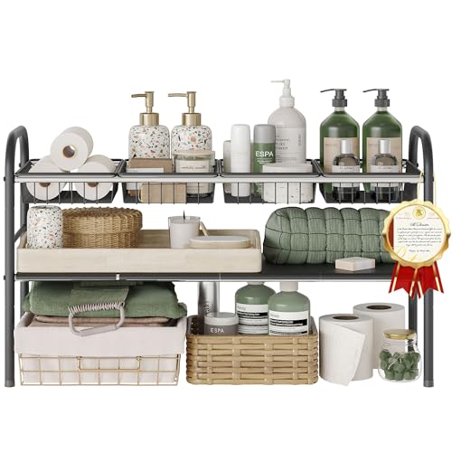 Under Sink Organizers and Storage,Expandable under cabinet organizer Shelf - size: 4 Panels and 4 Baskets