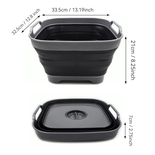 SAMMART 10L (2.64 Gallon) Collapsible Dishpan with Draining Plug - Foldable Washing Basin - Portable Dish Washing Tub - Space Saving Kitchen Storage Tray (1, Grey/Black) - color: Grey/Black