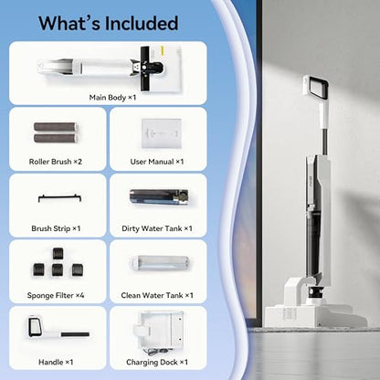 Dual-Chamber Wet Dry Vacuum Cleaner, 20,000Pa Suction, 392°F Steam Cleaning, Wet Dry Vacuum Mop with Smart App Control, Self-Cleaning & 40min Runtime, Ideal for Home & Pet Hair Cleaning, White
