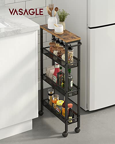 VASAGLE 4-Tier Slim Rolling Storage cart with Wheels, 5.1 Inches, Metal - color: Rustic Brown + Classic Black, size: 4 Tiers (5.1"D x 30.3"H)