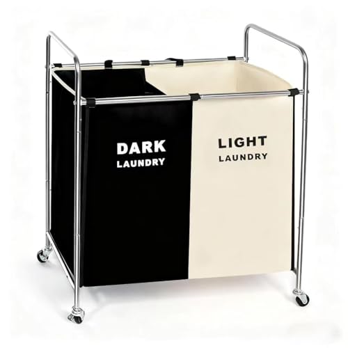 Laundry Cloth Hamper Sorter Basket Bin Foldable 3 Sections with stainless steel Frame Washing Storage Dirty Clothes Bag for Bathroom Bedroom Home Storage Basket (Black+white, 2 Liner) - color: Black+white, size: 2 Liner