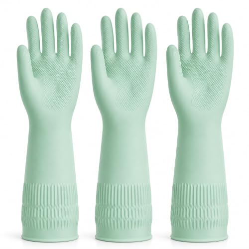 Rubber Dishwashing Gloves, Reusable Cleaning Gloves with Long Cuffs - color: Green (3 Pairs), size: Small