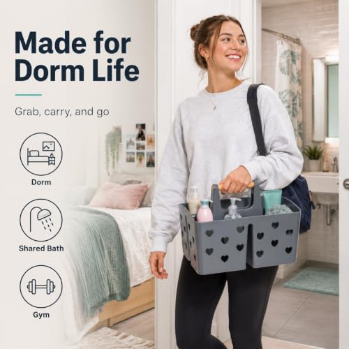 Gray Portable Shower Caddy, Plastic Basket Organizer with Wooden Handle - color: Gray