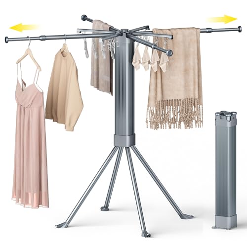 BIREN Clothes Drying Rack Foldable Extending Laundry Rack with 16 Clips Collapsible Clothing Rack Space-Saving Clothing Racks for Hanging Clothes, Indoor, Camping, Balcony, Outdoor - color: Gray
