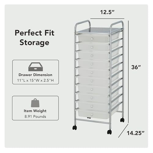 10 Drawer Rolling Storage Cart with Wheels, Slim Utility Organizer, White - color: WHITE