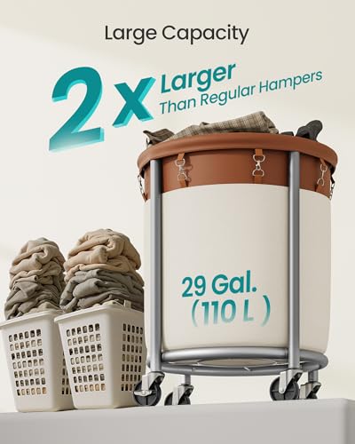 SONGMICS Laundry Basket with Wheels, 29 Gal., Steel Frame, Removable Bag - color: Coffee Brown + Cream White, size: 110 L (1-Section)