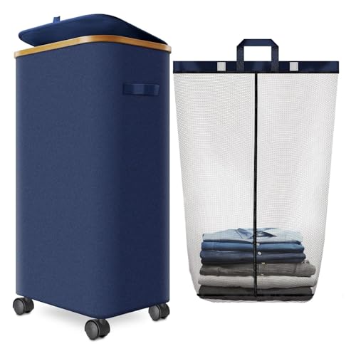 Laundry Basket with Wheels, 110L Large Rolling Laundry Hamper for Dorm - color: Blue, size: 110L