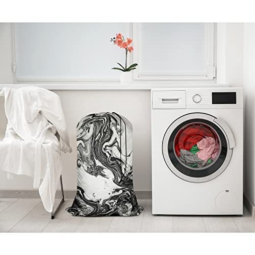 Swono Abstract Marble Texture Laundry Bag with Strap Large Dirty Clothes Organizer Watercolor Ink Painting Liquid Acrylic Easy Fit Laundry Hamper or Basket, Carry Up to 4 Loads of Laundry, Black White - color: Abstract Marble Texture