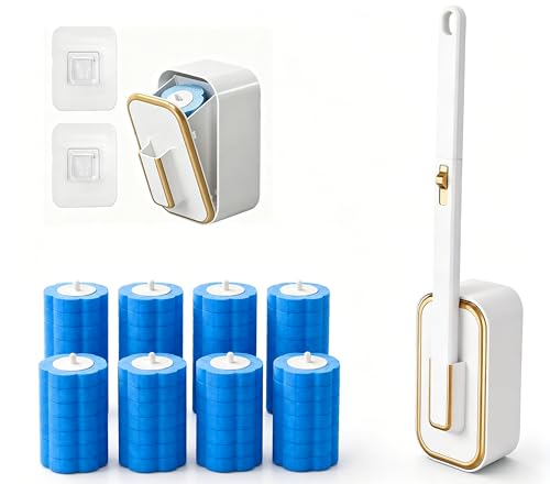 Disposable Toilet Brush and Holder Set with 48 Refill Heads, Hygienic Disposable Brush Head, Wall Mountable Space Saver, No-Touch Handle Operation for Bathroom Cleaner