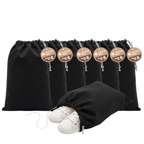 LFH Cotton Rich Shoe Storage Bags with Drawstring, Dustproof Breathable Reusable Organizer, Perfect For Travel, Dorm, Hotel, College, Gym, Machine Washable 12"x17" (Pack of 6) - Black sand - color: Black Sand, size: 12"x17" (Pack of 6)