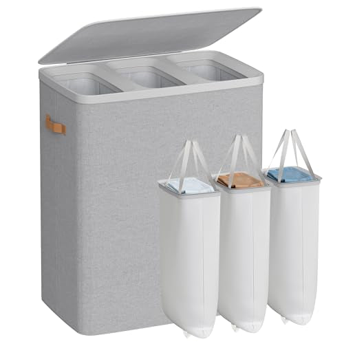 SONGMICS Laundry Basket, 190L Laundry Hamper with Lid, 3 Removable Bags - color: Dove Gray, size: 190 L (3-Section)