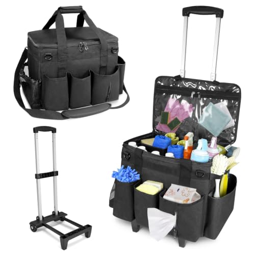 Large Cleaning Caddy Bag with Wheels,Cleaning Bags with Detachable Trolley,Cleaning Supplies Bag Built-in Hard Support Board,Waterproof,Multiple Storage Pockets for Housekeepers - size: 14.96*9.84*11.81inches;28.5L