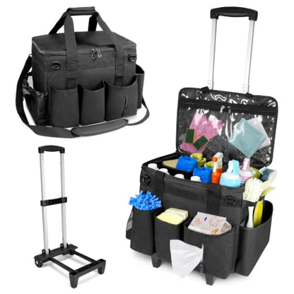 Large Cleaning Caddy Bag with Wheels,Cleaning Bags with Detachable Trolley,Cleaning Supplies Bag Built-in Hard Support Board,Waterproof,Multiple Storage Pockets for Housekeepers - size: 14.96*9.84*11.81inches;28.5L