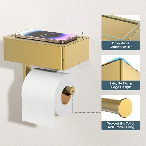 FORIOUS Toilet Paper Holder with Shelf, Wall-Mounted Modern Wipes Dispenser - color: Brushed Gold, size: Big 2 Pack-8" (L)