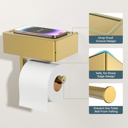 FORIOUS Toilet Paper Holder with Shelf, Wall-Mounted Modern Wipes Dispenser - color: Brushed Gold, size: Big 2 Pack-8" (L)