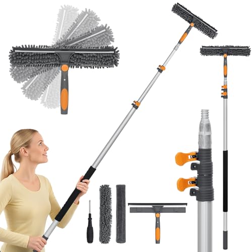 20FT Reach Window Squeegee with 5-13 FT Extension Poles, Extra-Large 14" Window Squeegee Window Cleaning Kit with Telescopic Pole,Window Cleaner Tool with Adjustable Head, for High Window, Glass, RV - size: 13FT POLE