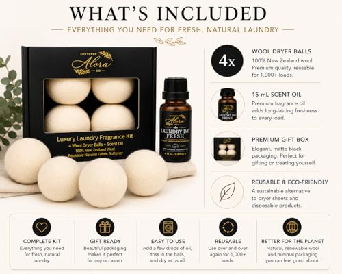 Luxury Wool Dryer Ball Kit, Laundry Day - 4 New Zealand Wool Balls + Oil - color: Laundry Day Fresh