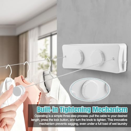 16.7 Ft Retractable Clothesline Indoor & 20Pcs Clothespins, Non-Sagging Wall Mounted Wire Double Clothes Lines, Retracting Outdoor Heavy Duty Clothes Line, for Balcony, Courtyards