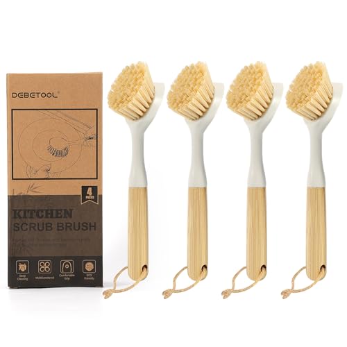 DEBETOOL 4-Pack Dish Brush, Built-in Scrubber with Handle