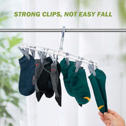 Clothes Drying Hanger with 12 Clips, 2 Pack Folding Portable Hanging Drying Rack,Drip Foldable Hanging Rack, 360° Rotatable Hook for Drying Towels Bras Baby Clothes Gloves Plastic(Blue&Green) - color: Blue and Green