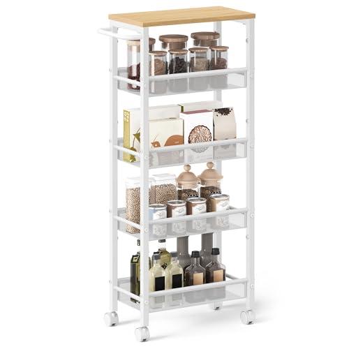 VASAGLE 5-Tier Slim Rolling Storage cart with Wheels, 8.7 Inches, Metal - color: Oak Beige + Classic White, size: 5 Tiers (8.7"D x 39.2"H)