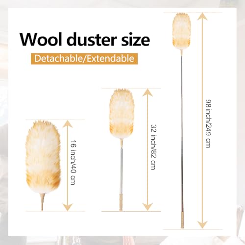 Lambswool Extendable Duster, 32-98 Inch Anti-Static Flexible Head Stainless Steel Pole for High Ceilings, Fans, Interior & Roof Dusting(one Pack) - size: Yellowish white wool
