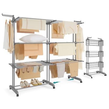 SONGMICS 4-Tier Clothes Drying Rack, Foldable, Rolling, 69.9-Inch Tall - color: Dove Gray, style: 4-Tier + Extendable Rods