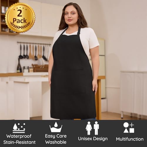2 Pack Plus Size Waterproof Cooking Chef Apron with 2 Pockets for Men Women - color: Black