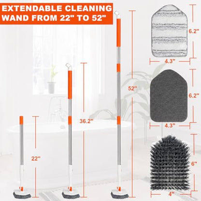 Tile Tub Scrubber Brush with 52-inch Adjustable Long Handle 3-in-1 Rotatable Shower Brush for Cleaning，3 Different Replacement Brush Heads for Cleaning Tub Tile Bathroom Kitchen Walls ，Orange