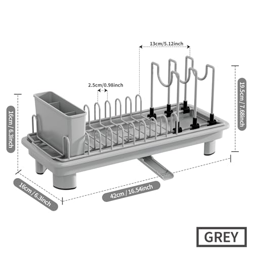 Compact Dish Drying Rack with Utensil Holder – Small Countertop Dish Drainer with 360° Rotating Drain Spout, Stainless Steel Dish Rack for Kitchen Sink, Space-Saving Design for Small Kitchen , Grey - color: Gray