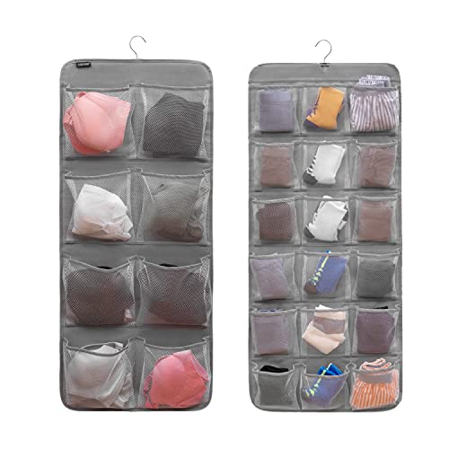 Dual-Sided Hanging Closet Organizer for Socks Underwear Bra Kids Storage Organizer for Baby Clothes Toddler Shoes with 26 Pockets (Grey-Mesh Pockets) - color: GREY-MESH