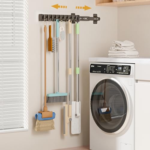 Pull Out Broom Holder With 9 Adjustable Row Sliding Hook-Dark Grey 16.14in - color: Dark grey, size: 41cm/16.14inch