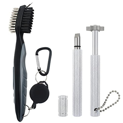 VIPMOON Golf Club Cleaner Kit, 2 Pcs Groove Sharpener Regrooving Tool and 1 Pcs Retractable Club Cleaner Brush, Portable Groove Sharpener Tool for All Golf Irons for Men - color: Silver