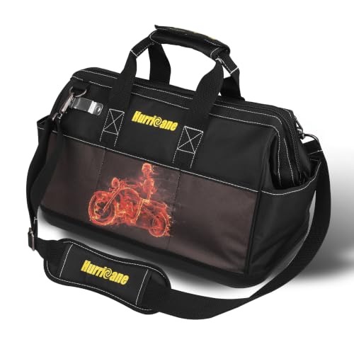 Hurricane 16 Inch Wide Mouth Tool Bag Motorcycle theme 21 Pockets Large Inner Space Water Proof Base Tape Measure Holder with Extra Shoulder Strap - color: Motorcycle theme