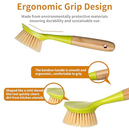 2 Pack Kitchen Dish Brush Bamboo Handle Dish Scrubber Built-in Scraper - style: Green