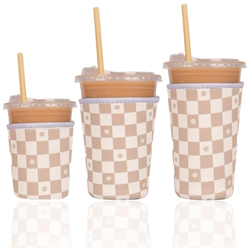 Reusable Insulated Neoprene Iced Coffee Cup Sleeve, Durable Drink Sleeve for Cold Beverages, Beverage Holder for Iced Coffee (Floral Checkers) - color: Floral Checkers