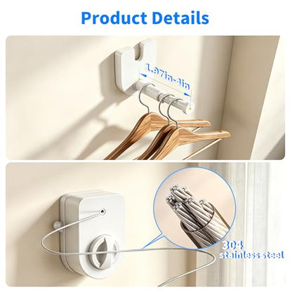 Retractable Clothesline Indoor, Non-Sagging Outdoor Clothes Line Retracting Heavy Duty Clothes Drying Laundry Line Wall Mounted Stainless Steel Line-15.8 Feets (White) - color: White