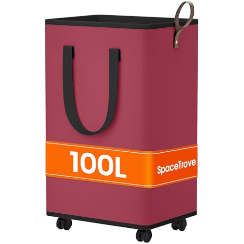 SpaceTrove Rolling Laundry Basket with Wheels, Laundry Hamper, 100L, Red - color: Red, size: 100L