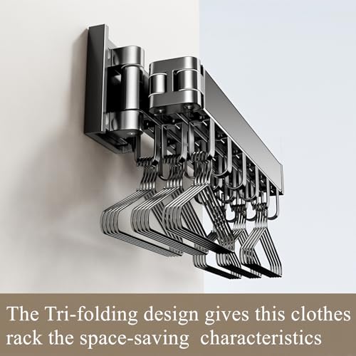 Wall Mounted Foldable Clothes Drying Rack with 18 Hooks, No-Drill, Black - color: Black