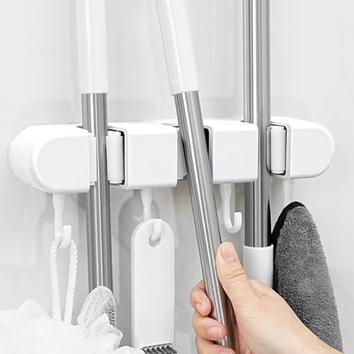 Wall Mounted Storage Rack for Mops and Brooms Ultimate Home Organization Solution with Holders and Hooks for Space() - color: White 3-clip 4-hook, size: 26X4.7X5.5