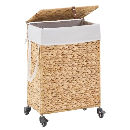 Slim Rolling Laundry Hamper with Lid and Wheels (Natural, 50L) - color: Natural/With Lid/50L