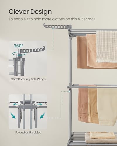 SONGMICS 4-Tier Clothes Drying Rack, Foldable, Rolling, 69.9-Inch Tall - color: Dove Gray, style: 4-Tier + Extendable Rods