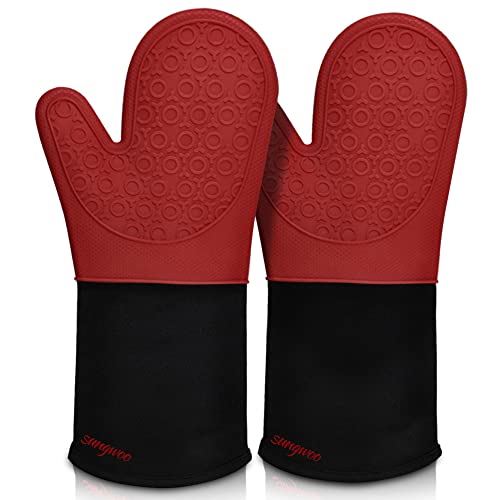 Silicone Oven Mitts - 14.6" Heat Resistant Oven Gloves for Baking, Cooking - color: Red & Black, size: 14.6in Oven Mitts