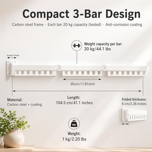 Clothes Drying Rack Carbon Steel Laundry Drying Rack Collapsible White Wall Mounted Clothes Rack 45 Inch Clothes Hanger Rack with Hooks for Drying Clothes - color: White