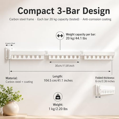 Clothes Drying Rack Carbon Steel Laundry Drying Rack Collapsible White Wall Mounted Clothes Rack 45 Inch Clothes Hanger Rack with Hooks for Drying Clothes - color: White