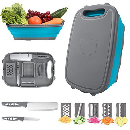 9-in-1Collapsible Cutting Board with Colander Wash Basket Camping RV Gift - color: Blue grey